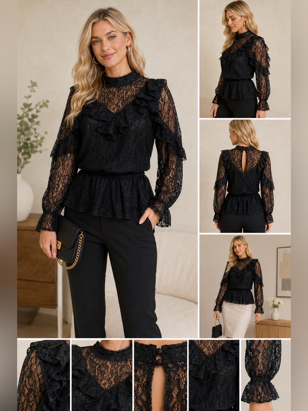 EUC Black Long Sleeve Lace Blouse, Size Large